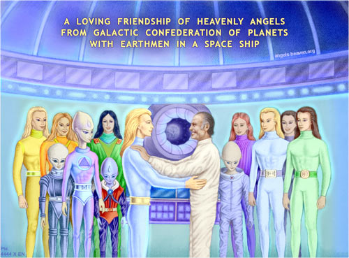 A loving friendship of Heavenly Angels from Galactic confederation of planets with Earth men in a space ship